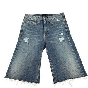 Modern American Womens Distressed Denim Bermuda Shorts Raw Hem Blue Long Cut